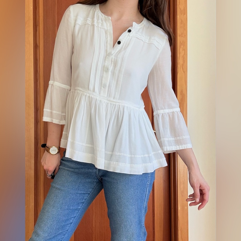 Burberry White Gauzy Peplum Henley Blouse Women Size 4